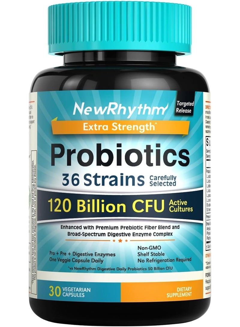 NewRhythm Probiotics 120 Billion CFU 36 Strains for Women & Men, Vegan 30 Capsules 30 servings - Image 1